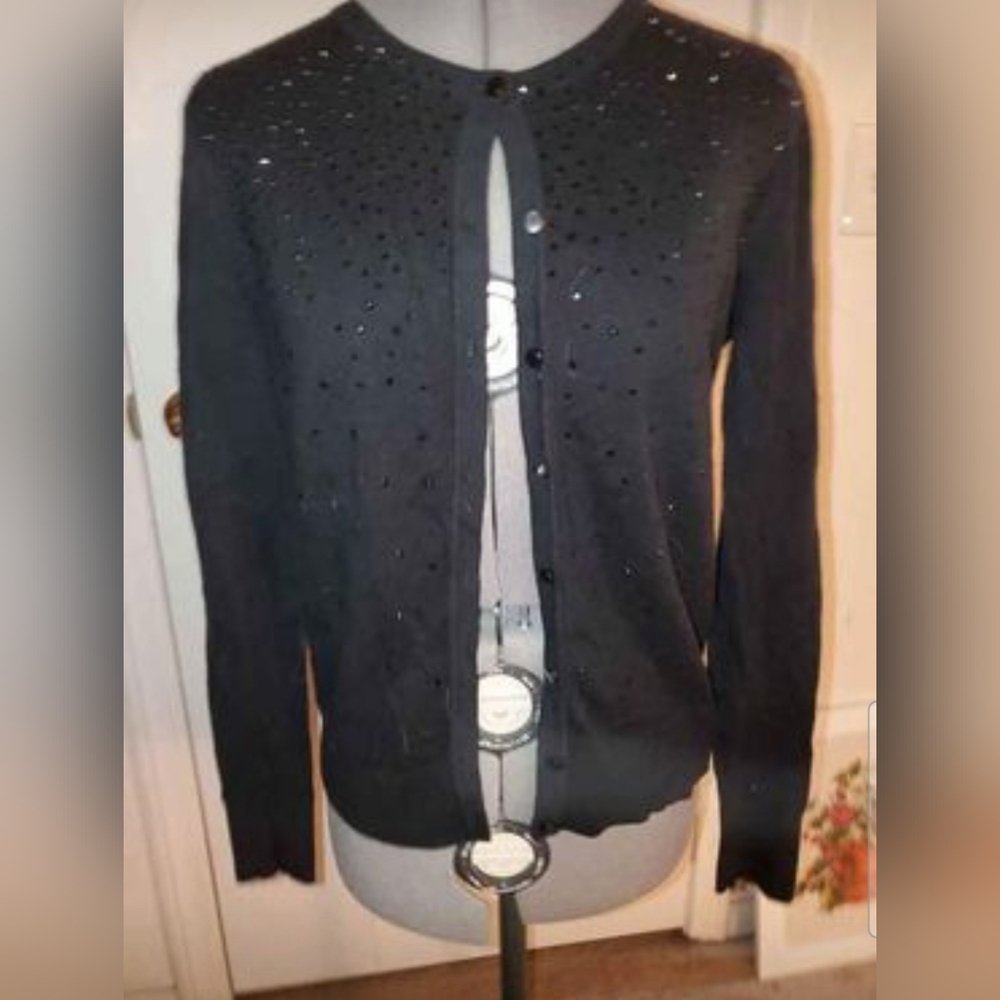 Merona Black W/ Rhinestones Cardigan Sweater Button Front M 8-10